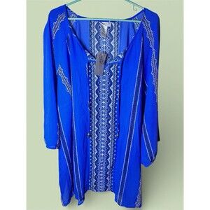 Catherine’s Sheer Blue Tunic Aztec Pattern Sz 4X With Tassel Tie
